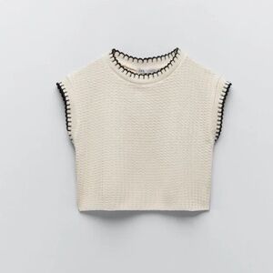 Zara Cropped Knit Sweater Sleeveless Cream Black Trim